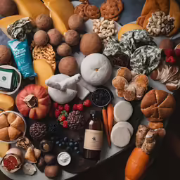 various foods are piled on a round plate
