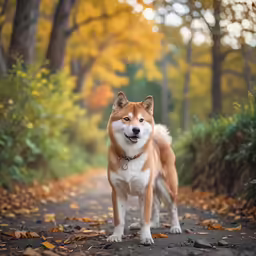 a dog is standing alone in the leafy forest