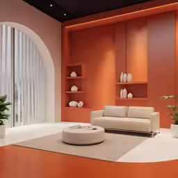 the modern living room is furnished in an orange color