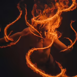 a fire woman in mid air holding onto her body