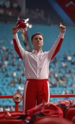 a man is standing at a stadium holding up a glass
