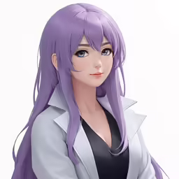 a very pretty girl with purple hair in a suit