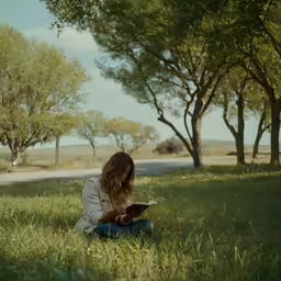 a woman sits in the grass reading a book