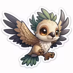 a cartooned bird with green leaves on its wings