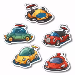 a series of four stickers depicting different types of cars