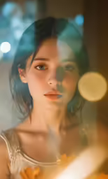 the young girl is looking through a glass window