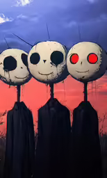 three men are dressed up in black robes and red eyes