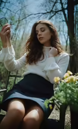 the young woman is posing outside by herself
