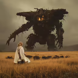 an alien looking creature walks on the grass in front of a woman