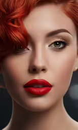 an attractive red headed woman with bright hair wearing red lipstick
