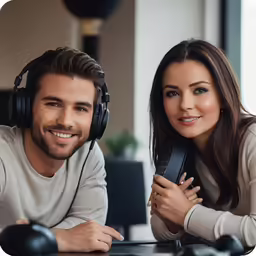 a woman is smiling while sitting next to a man wearing headphones