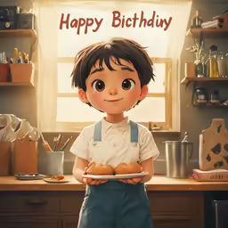 a cartoon boy is holding up bread while wearing overalls