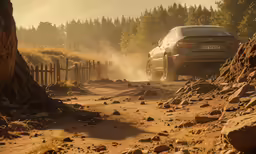 a car drives along the dirt road in front of trees