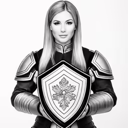 a black and white image of a female character holding a sword