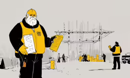 a man in an uniform holding paperwork and a construction crane