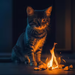a cat sits beside some rocks and a lit candle