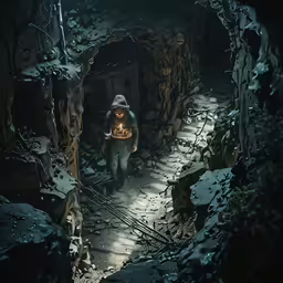 a man is walking in a small cave holding a lit lantern