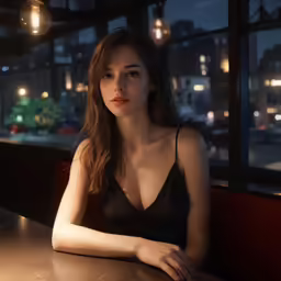 the woman is posing in front of a window