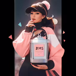 a woman holding a silver bucket with a small hat on top