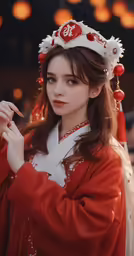 a young lady with a crown in red
