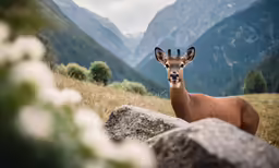 a young deer looks into the camera as it walks through the wildflowers