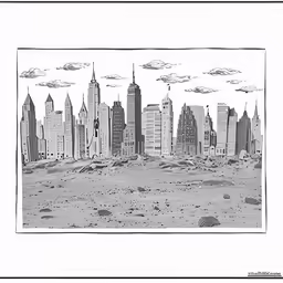 a cityscape from the 1930s with a variety of skyscrapers