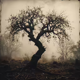 an old barren tree stands alone among a foggy landscape