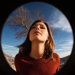a girl looking up at a tree outside through a circular window
