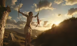 a person holding two ropes and looking into the distance