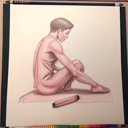a pencil drawing of a person sitting down on the ground,a drawing of a man sitting on a floor and holding a pencil