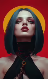 a woman with green hair wearing a choker with black feathers on it