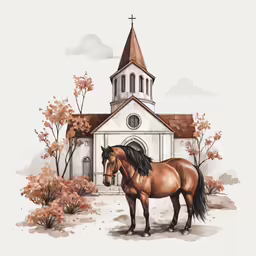 a brown horse standing in front of a church