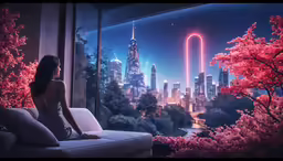 a girl sitting on a couch looking out a window