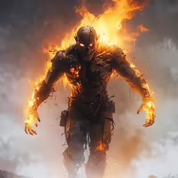 a very big guy standing in the middle of some fire