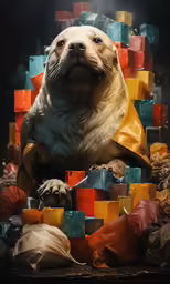 a sea lion is surrounded by many different kinds of toys
