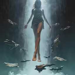 a woman in a dress is on a path with many sharks and fish