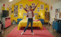 a girl standing on her legs in a room full of yellow walls and a red carpet