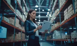 the woman is standing near boxes in a warehouse