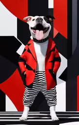 a bulldog in a suit stands in front of a brightly colored background