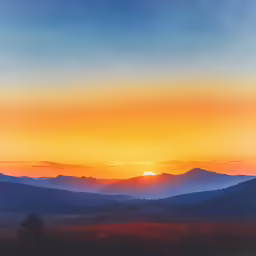 the sun is setting in a mountain landscape