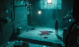 a girl standing in a dark hallway with the light on