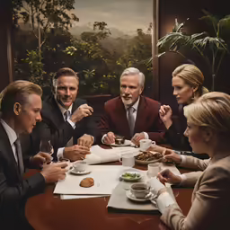 a group of people eating at a table with plates and glasses