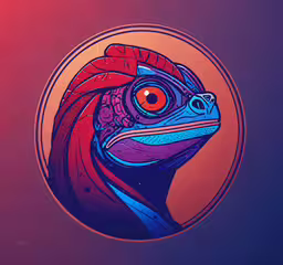 a stylized illustration of a red - headed frog with a circular background,an image of a colorful illustration of a fish