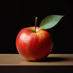 an apple with a leaf sitting on a table