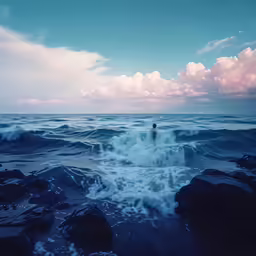 a person is swimming in the water near some rocks