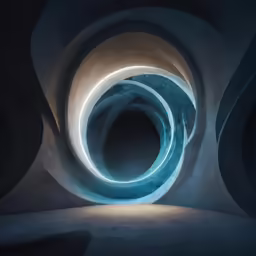 this photo shows a blue, round structure with bright lights at the end