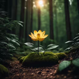 a single yellow flower in a clearing of a green forest