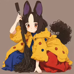 anime girl sitting on the ground holding a hairbrush