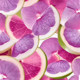 close up view of sliced pieces of fruit and purple flower petals