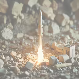 a rocket launching from the ground next to rocks and papers